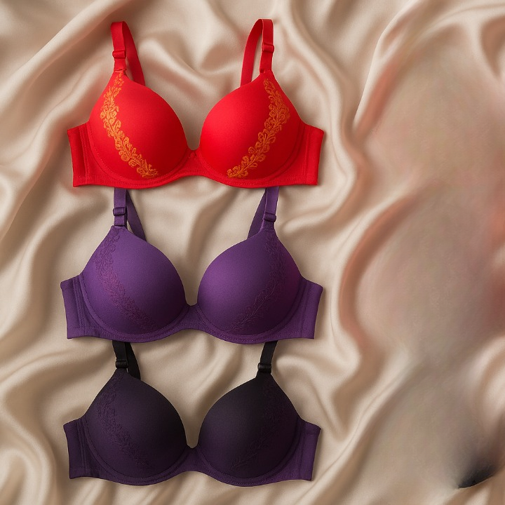 Silk Embroidered Padded Bra for Women – Luxury Undergarment with Soft Silk Fabric, Stylish Embroidery, Comfortable Fit & Everyday Support (Random Color)