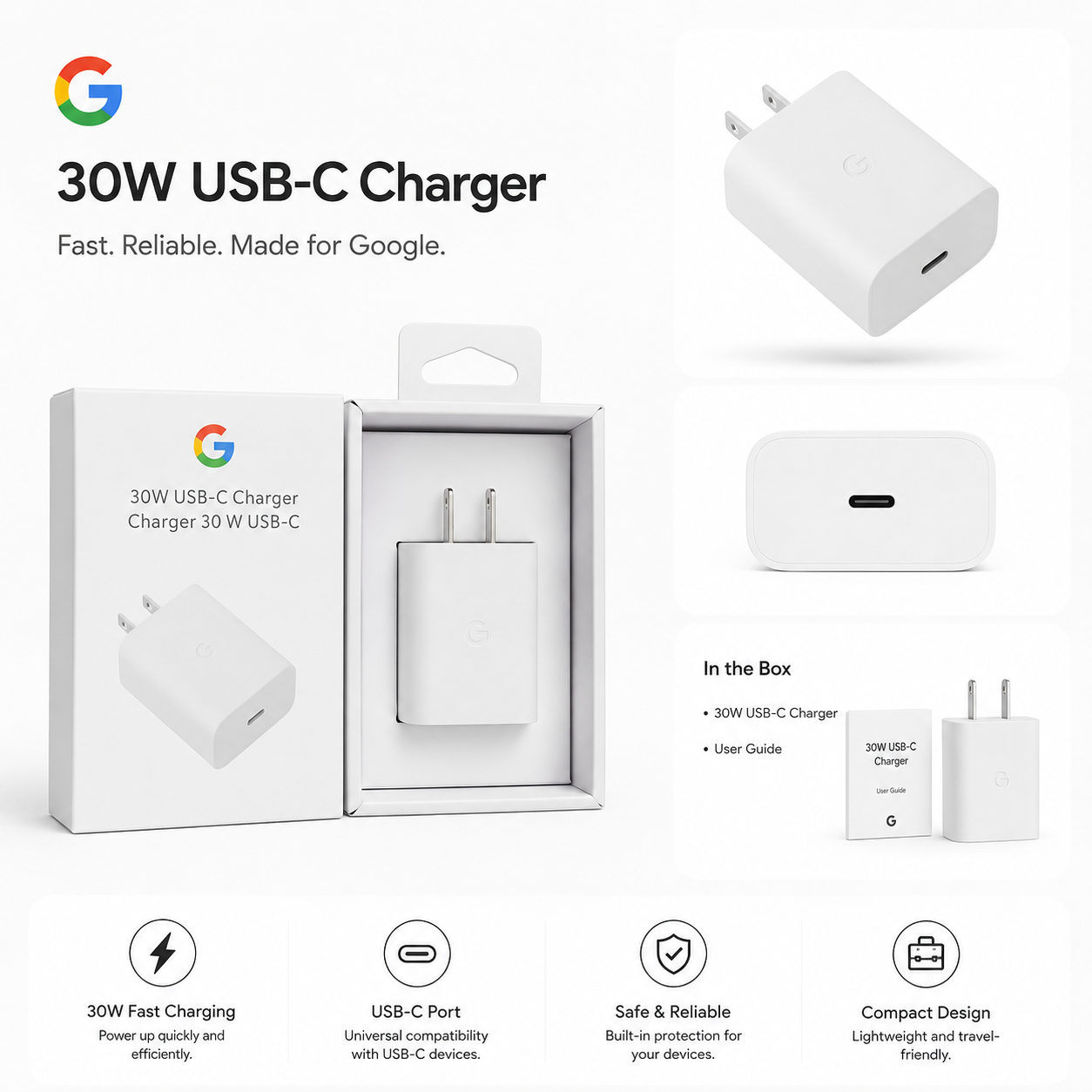 Google 30W USB-C Fast Charger Adapter with Power Delivery 3.0 and PPS Support Without Cable