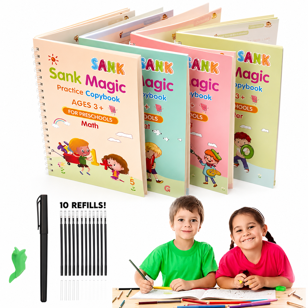 Pack of 4 Sank Magic book Practice | Tracing Handwriting First Pre-school Baby Learning Books for Kids (Books + Magic Pen with 10 Ink Refills)