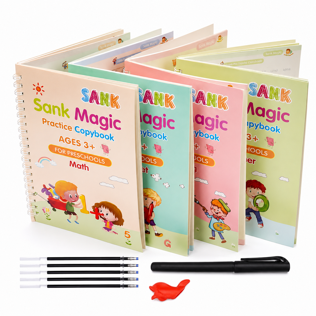 Pack of 4 Sank Magic book Practice | Tracing Handwriting First Pre-school Baby Learning Books for Kids (Books + Magic Pen with 10 Ink Refills)