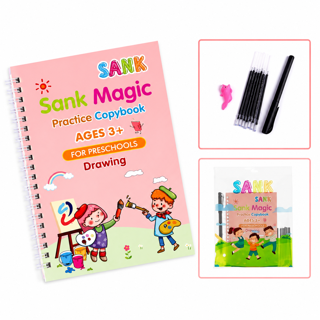 Pack of 4 Sank Magic book Practice | Tracing Handwriting First Pre-school Baby Learning Books for Kids (Books + Magic Pen with 10 Ink Refills)