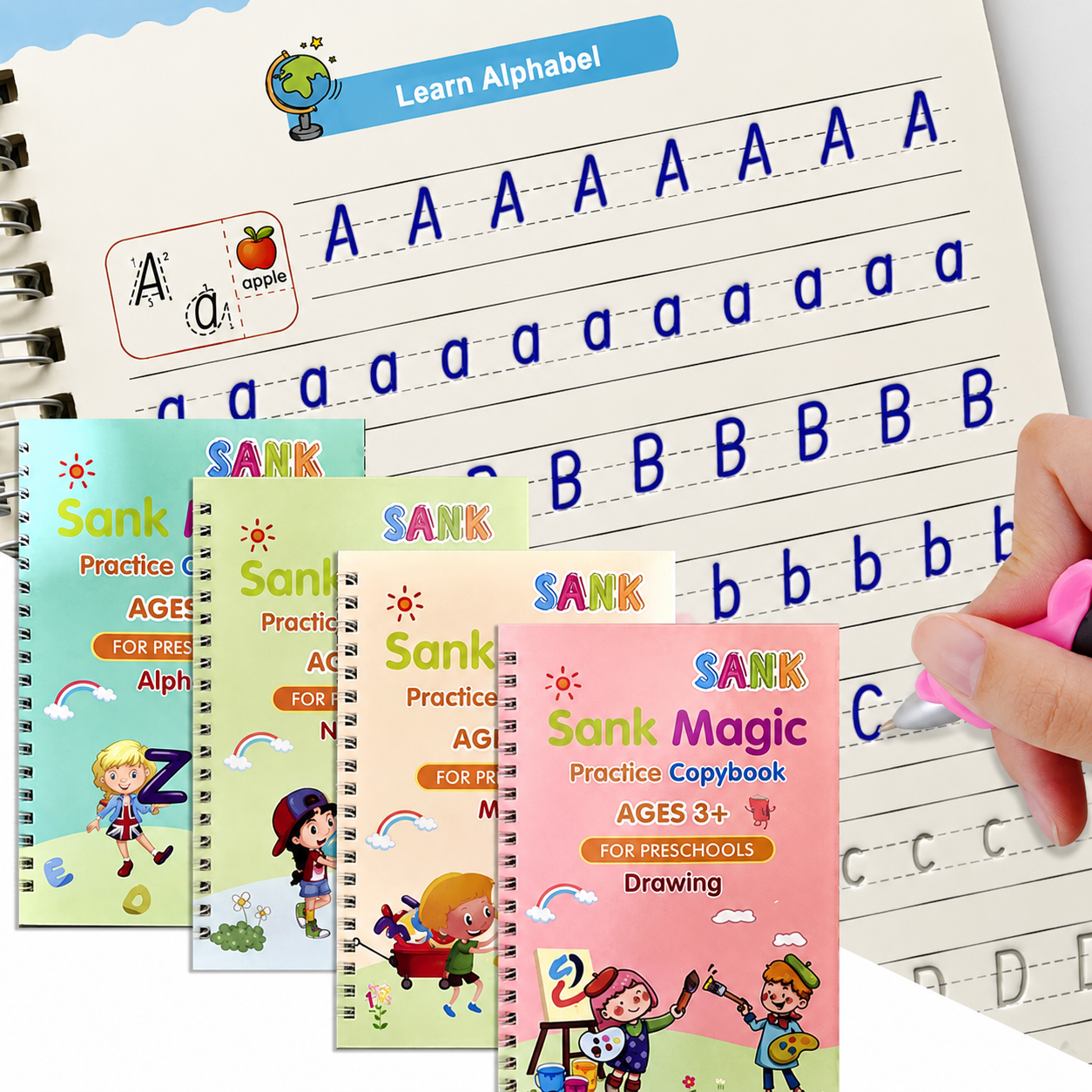Pack of 4 Sank Magic book Practice | Tracing Handwriting First Pre-school Baby Learning Books for Kids (Books + Magic Pen with 10 Ink Refills)