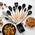 12 Pcs Silicone Cooking Utensils Kitchen Utensil Set | Heat Resistant Kitchen Non toxic Spatula Set with Turner Tongs,Spoon,Brush,Whisk-Wooden Handle - Random Color