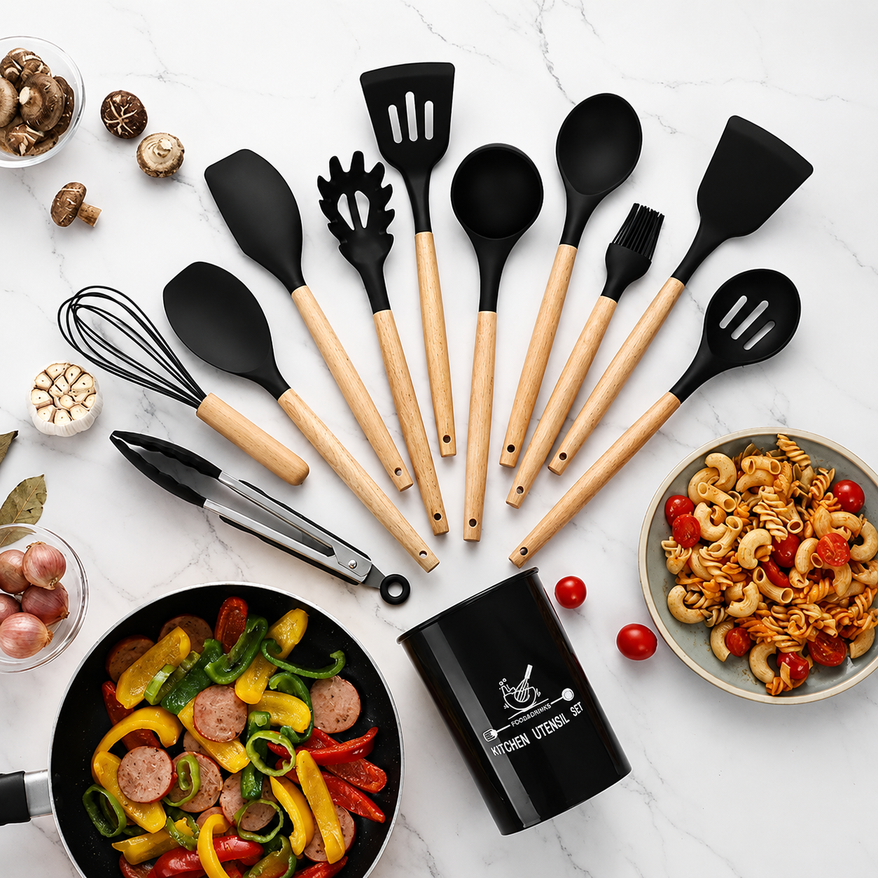 12 Pcs Silicone Cooking Utensils Kitchen Utensil Set | Heat Resistant Kitchen Non toxic Spatula Set with Turner Tongs,Spoon,Brush,Whisk-Wooden Handle - Random Color