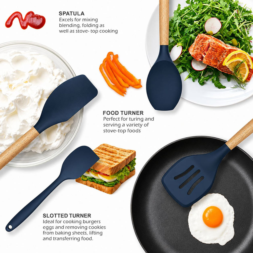 12 Pcs Silicone Cooking Utensils Kitchen Utensil Set | Heat Resistant Kitchen Non toxic Spatula Set with Turner Tongs,Spoon,Brush,Whisk-Wooden Handle - Random Color