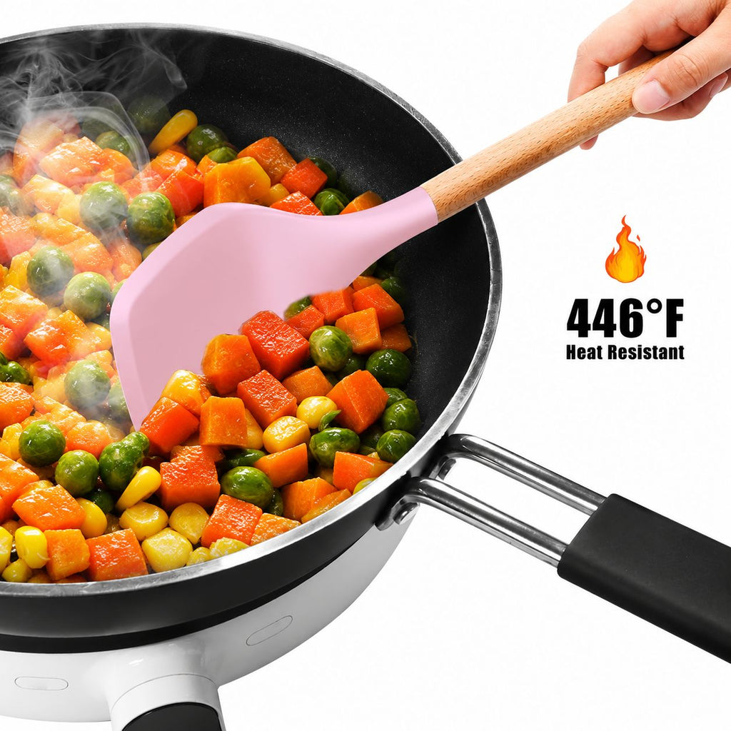 12 Pcs Silicone Cooking Utensils Kitchen Utensil Set | Heat Resistant Kitchen Non toxic Spatula Set with Turner Tongs,Spoon,Brush,Whisk-Wooden Handle - Random Color
