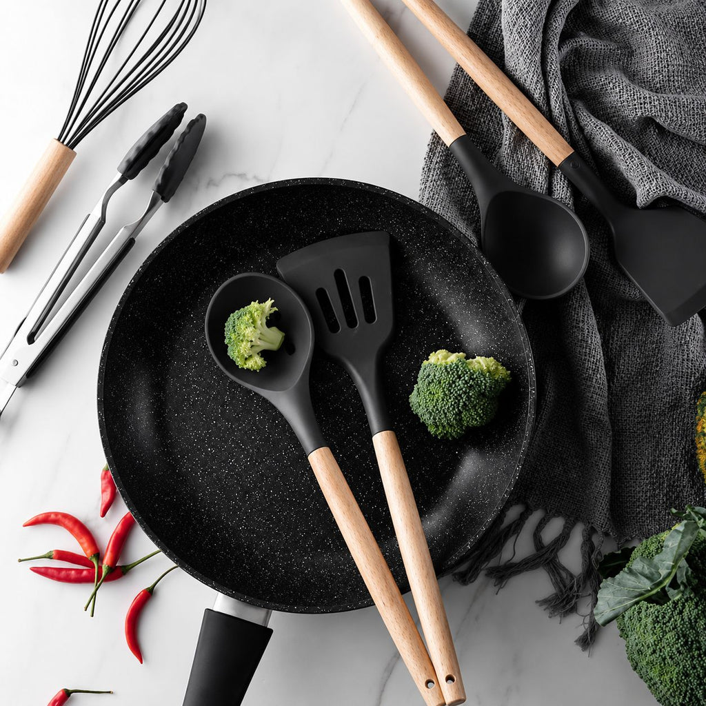 12 Pcs Silicone Cooking Utensils Kitchen Utensil Set | Heat Resistant Kitchen Non toxic Spatula Set with Turner Tongs,Spoon,Brush,Whisk-Wooden Handle - Random Color