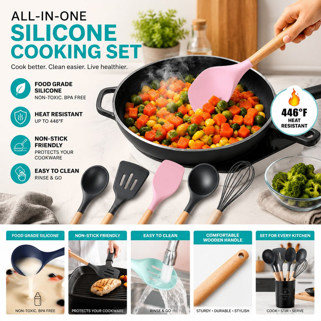 12 Pcs Silicone Cooking Utensils Kitchen Utensil Set | Heat Resistant Kitchen Non toxic Spatula Set with Turner Tongs,Spoon,Brush,Whisk-Wooden Handle - Random Color